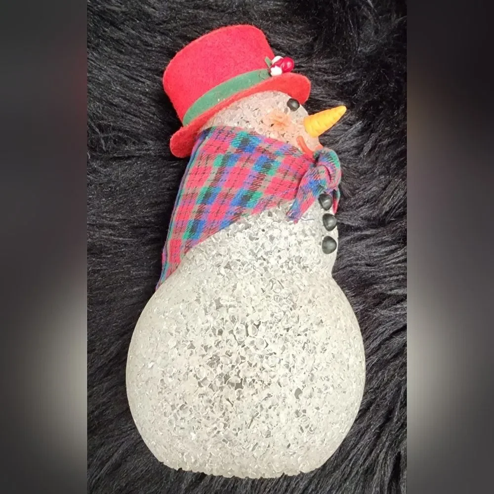 Vintage Christmas Melted Plastic Popcorn Snowman Felt Hat, Fabric Scarf